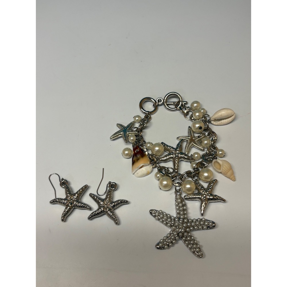 Nautical Starfish Shell Pearl Charm Bracelet and Starfish Dangle Earrings Set